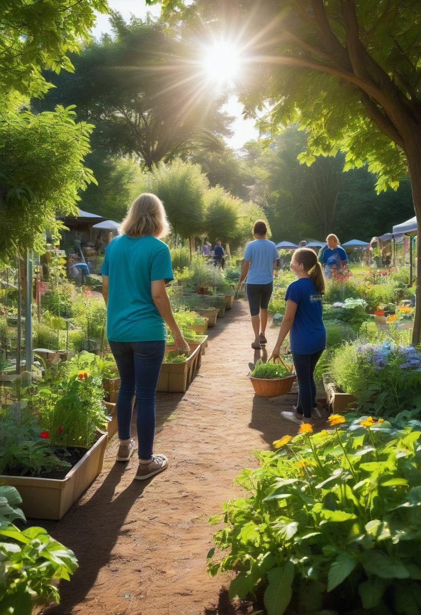 A vibrant scene depicting a diverse group of volunteers working together in a community garden, nurturing plants while engaging with local families and children. Sunlight filters through trees, illuminating smiling faces that reflect joy and compassion. Visual elements of health, such as fresh produce and wellness activities, highlight the connection between altruism and public health. Uplifting and warm atmosphere. bright colors. super-realistic.