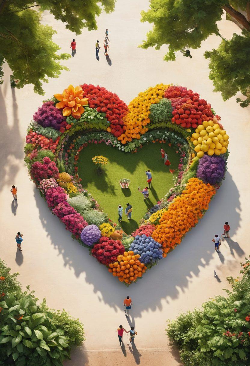 A vibrant community scene depicting people of diverse backgrounds engaging in acts of kindness, such as sharing food and planting trees, centered around a large heart-shaped structure made of flowers and hands. Incorporate symbols of health, like fresh produce and fitness icons, with warm sunlight enveloping the community. Super-realistic. Vibrant colors. Soft background.