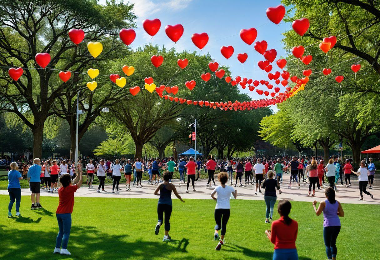 A vibrant community gathering in a park, featuring diverse individuals engaging in health activities, such as exercise classes and nutrition workshops, under colorful banners promoting heart health. The scene is lively with laughter and interaction, showcasing unity and support against heart disease. Include elements like heart-shaped balloons and informative posters about heart disease prevention. super-realistic. vibrant colors. cheerful atmosphere.